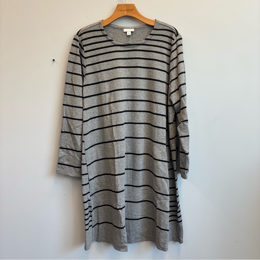 NWT J Jill 2X Terry Cloth Sweatshirt Dress Long Sleeve Gray Black Stripes